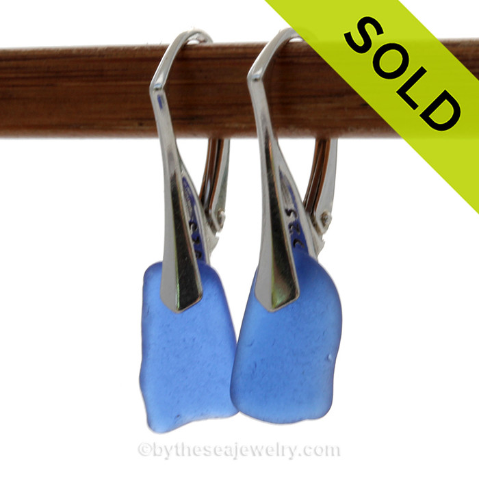 Vivid and Lightweight Squarish Genuine Cobalt Blue  Beach Found Sea Glass Earrings on Sterling Leverback Earrings.
SOLD - Sorry these Rare Sea Glass Earrings are NO LONGER AVAILABLE!