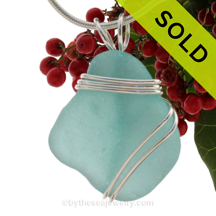 A stunning and LARGE PERFECT Genuine Electric Aqua Sea Glass Pendant set in our secure Triple WIre  setting in Sterling Silver.