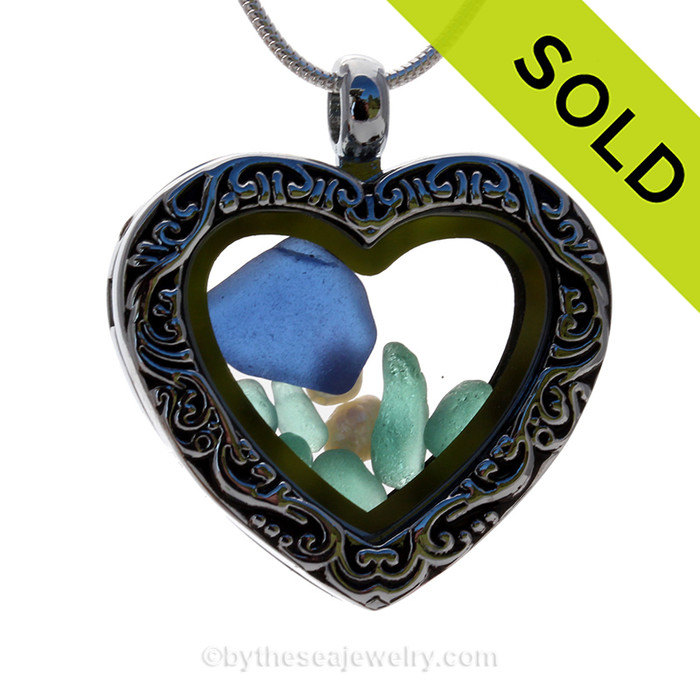 Blue and Aqua Sea Glass & Pearls Economy Heart Locket Reversible Necklace