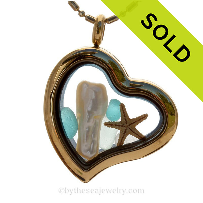 South Seas Love - Tropical Aqua Beach Found Sea Glass Heart Goldtone Locket Necklace W/ Starfish & Stick Pearl