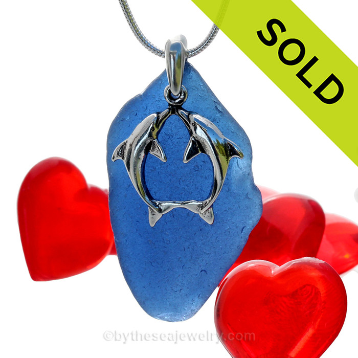 SOLD - Sorry this Sea Glass Necklace is NO LONGER AVAILABLE!
Beautiful Kissing Dolphins Sterling Silver Necklace with Long and Large Vivid Cobalt Blue Sea Glass - 18" STERLING CHAIN INCLUDED.