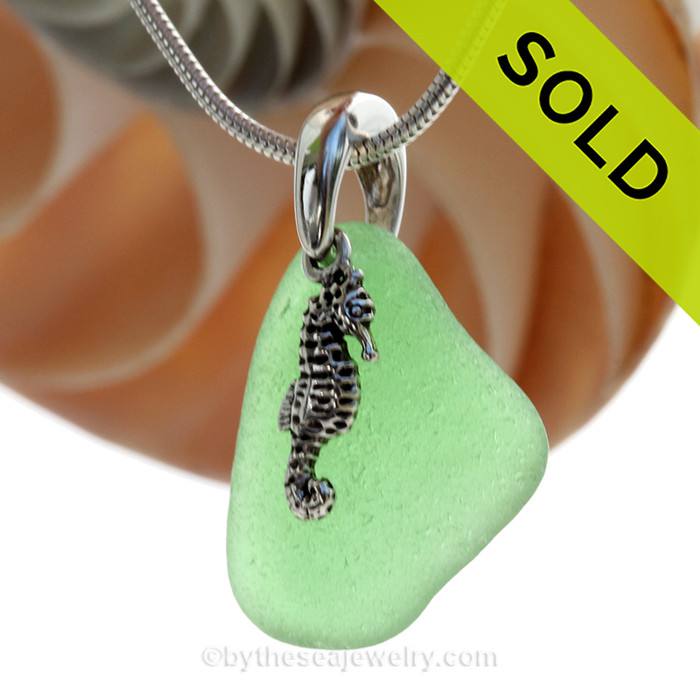 Spring Green Sea Glass Necklace with Sterling Silver Seahorse Charm - 18" Solid Sterling Chain INCLUDED