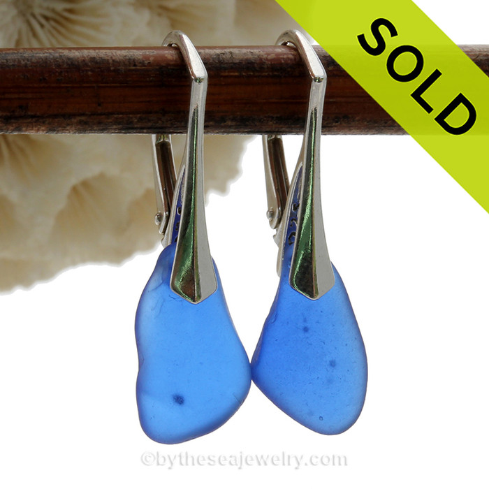 Simple and Elegant Genuine Cobalt Blue  Beach Found Sea Glass Earrings on Sterling Leverback Earrings.