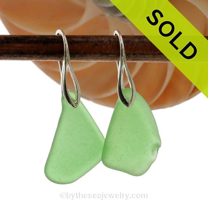 Simply Elegant -  Larger Natural Beach Found Green Sea Glass Earrings On Silver Silver Deco Hooks