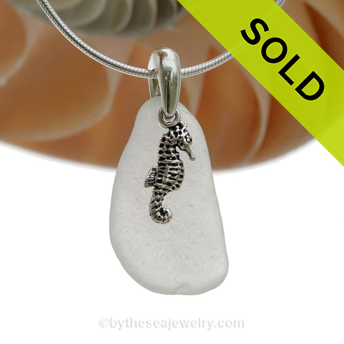 Pure Bright White Sea Glass Necklace With Seahorse Charm Sterling Bail - STERLING CHAIN INCLUDED