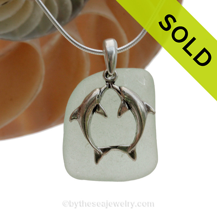 Squarish Seafoam Green Sea Glass With Sterling Silver Large Kissing Dolphins Charm - 18" STERLING CHAIN INCLUDED