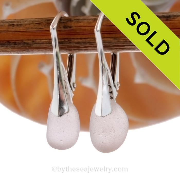 Petite Genuine Pale Lavender Beach Found Sea Glass Earrings on Sterling Leverback Earrings.