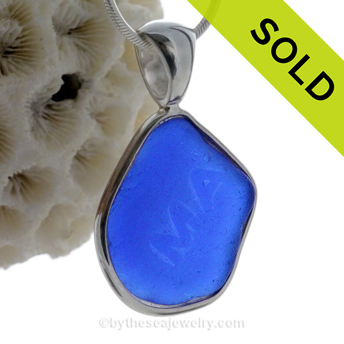 Blue "MA "-  LARGE Cobalt Blue Genuine Sea Glass Bottle Bottom In Deluxe Wire Bezel© Pendant in Silver