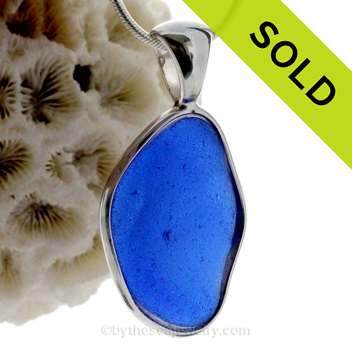 LARGE Organic Cobalt Blue Genuine Sea Glass In Solid Sterling Deluxe Wire Bezel© Pendant