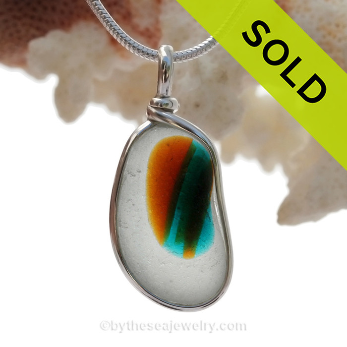 Fall Tidelines -  Petite Mixed Amber and Electric Teal English Art Sea Glass In Sterling Original Wire Bezel©