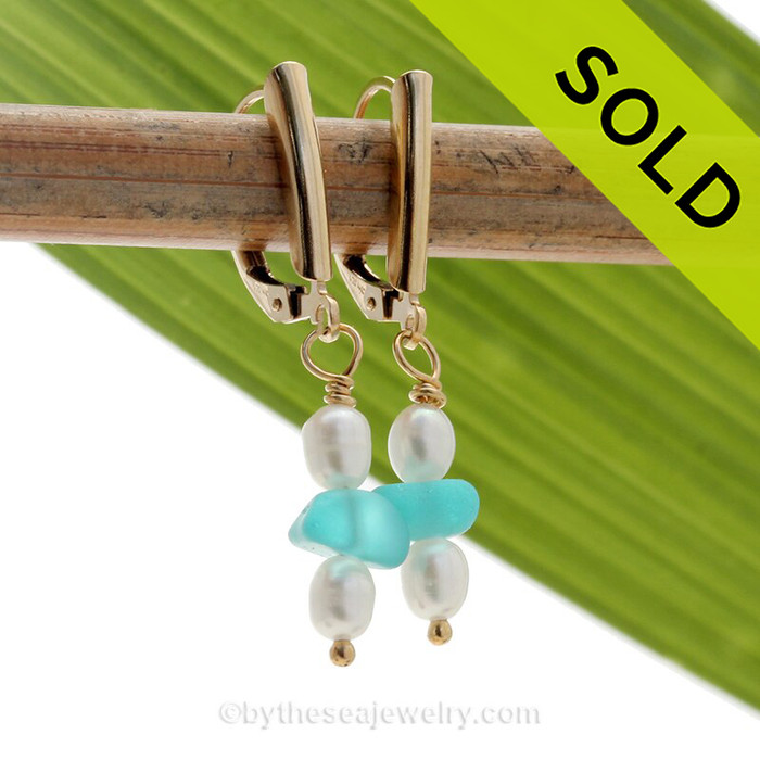 Electric Aqua Sea Glass on 14K Goldfilled Leverbacks & AAA Grade Pearls