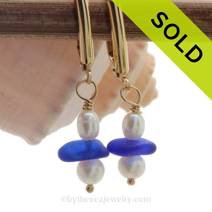 Classic and Vivid Cobalt Blue Sea Glass on 14K Goldfilled Leverbacks & AAA Grade Pearls