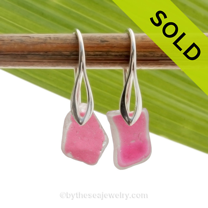 GENUINE ULTRA RARE Flased Pink Simply Sea Glass Earrings On Silver Deco Earwires