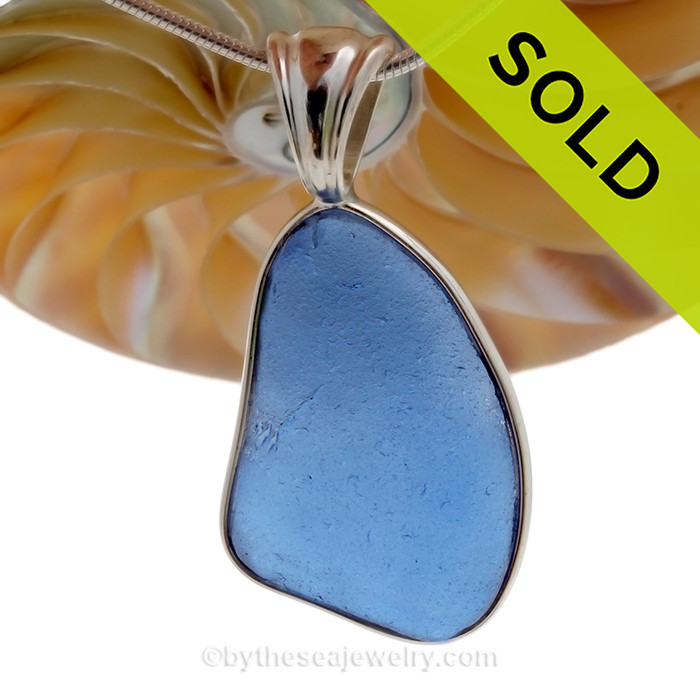 L-A-R-G-E Medium Blue Genuine Sea Glass In Solid Sterling Deluxe Wire Bezel© Pendant