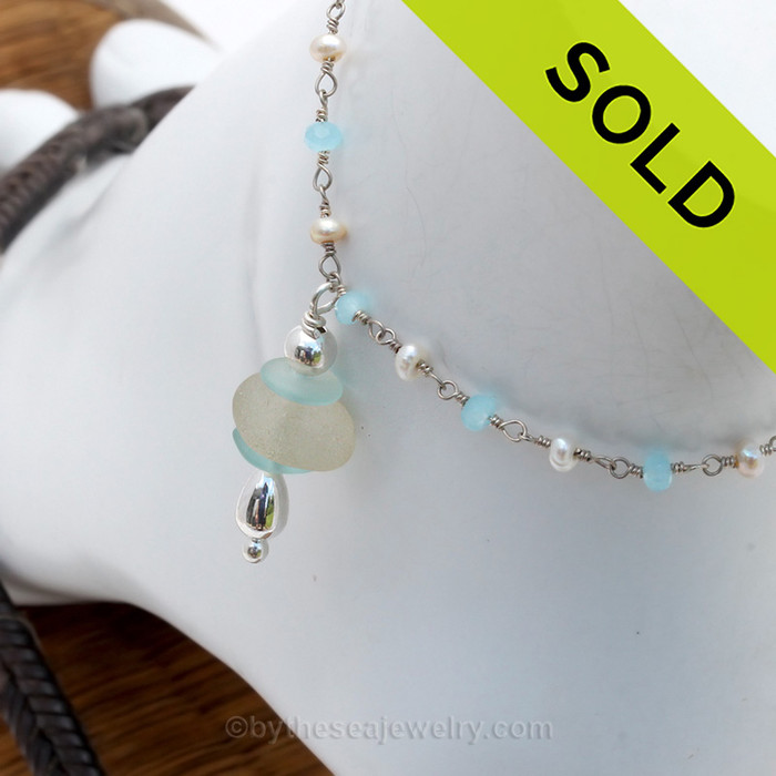 Aqua and Pure White  Sea Glass on Pearl & Aquamarine & Pearl Chain Sterling Beads Anklet