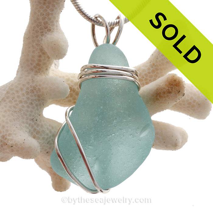L-A-R-G-E and Thick Aqua Sea Glass Sterling Triple WIre Setting Necklace Pendant