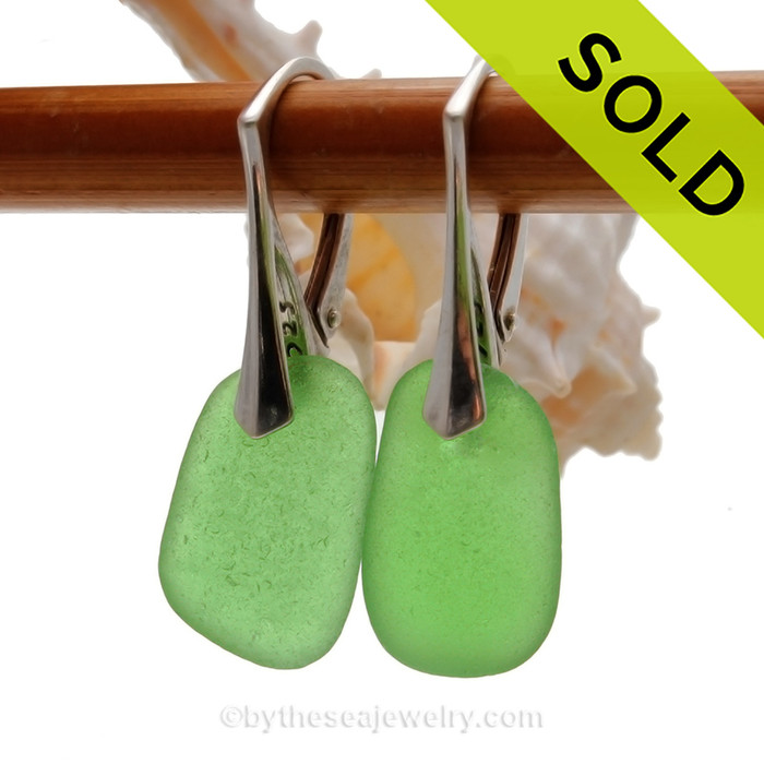 Bright and Lightweight Green Sea Glass Earrings on Solid Sterling Leverbacks