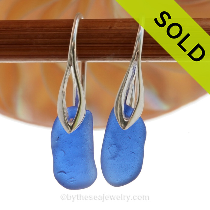 Ovals of Genuine Cobalt Blue Sea Glass on Solid Sterling Deco Hook Earrings