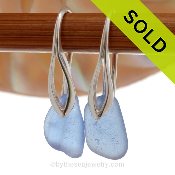PERFECT Small arolina Blue Sea Glass Earrings on Solid Sterling Deco Hooks