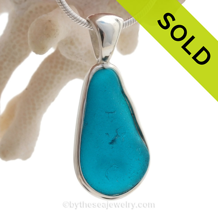 ULTRA RARE - Electric Teal Natural Beach Found Sea Glass In Deluxe Sterling Bezel© Necklace Pendant