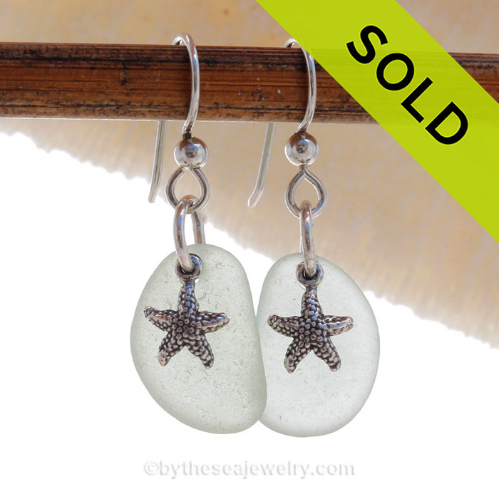 Genuine Soft Green Sea Glass Earrings In Pure White on Sterling Silver With Starfish Charms