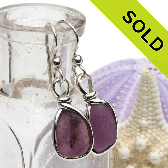 Royal Plum Puddin -Super ULTRA ULTRA Rare Deep Plum Sea Glass Earrings in Solid Sterling Bezel©