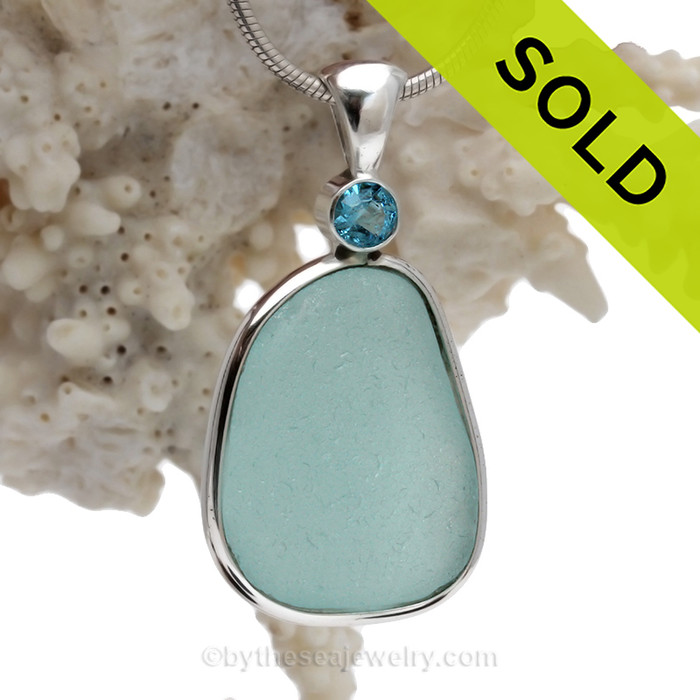  Touch Of Elegance - Large Aqua Blue Sea Glass Pendant In Deluxe Wire Bezel With Genuine Aquamarine Gem (