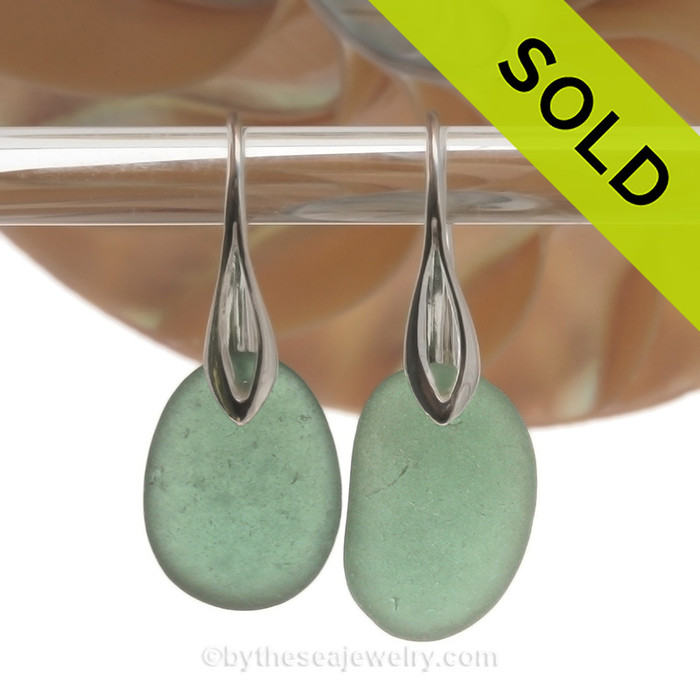 Large Jade Green Sea Glass Earrings on Solid Sterling Deco Hooks