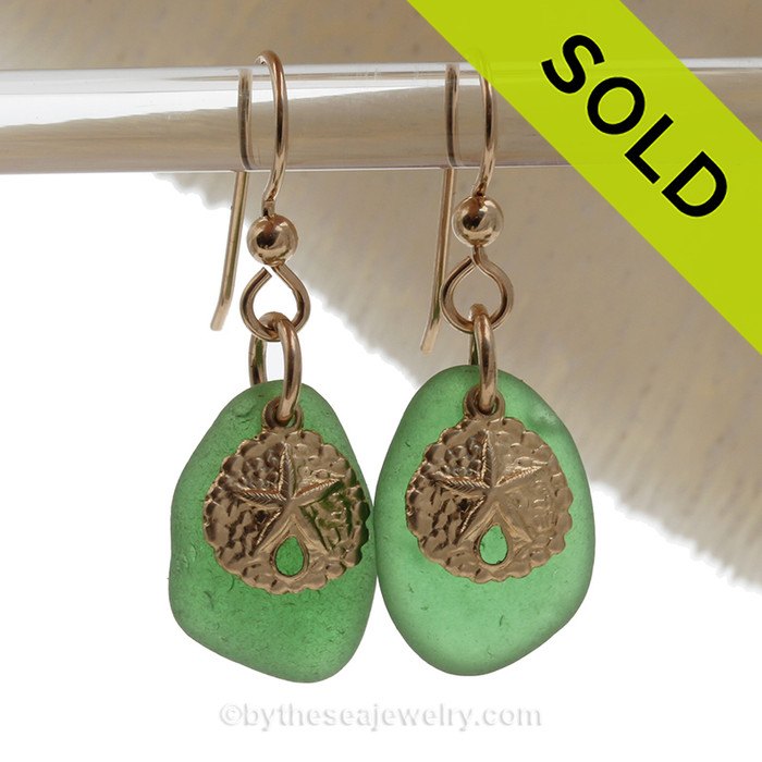  Perfect Petite Genuine Green Sea Glass Earrings On Gold With Sandollar Charms.
