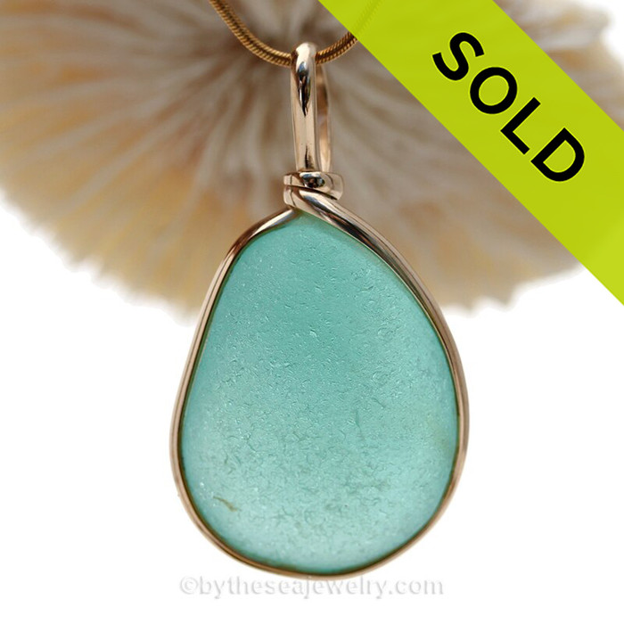 This is a beautiful LARGE Deep Vivid Aqua Blue Genuine Sea Glass set in our Original Wire Bezel© pendant setting in 14K Goldfilled.