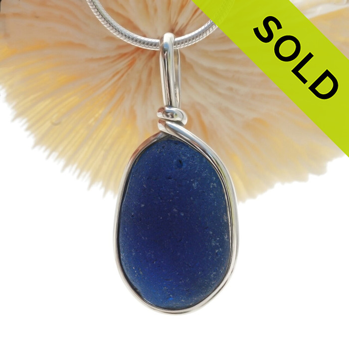 LARGE & P-E-R-F-E-C-T Deep Royal Blue English Sea Glass In Sterling Silver Wire Bezel© Necklace Pendant