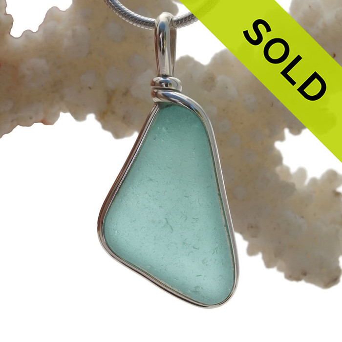 Aquamarine Genuine Sea Glass Original Wire Bezel© Pendant in Sterling Silver