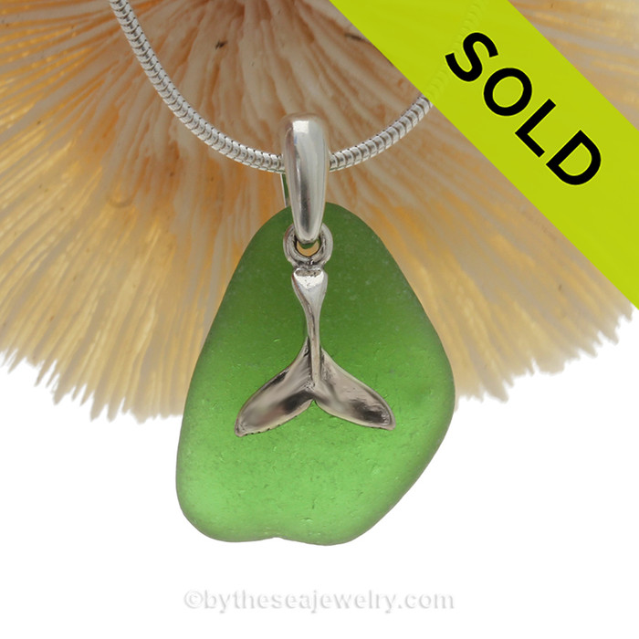 Vivid Green Sea Glass With Sterling Silver Sea Whale Tail Charm - 18" STERLING CHAIN INCLUDED
