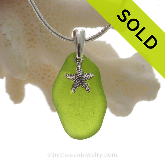 Naturally shaped Rare Lime or Chartreuse Glass Necklace with Sterling Silver Sea Star Charm and 18" STERLING CHAIN INCLUDED