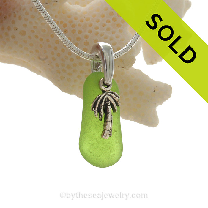 Naturally shaped Petite Rare Lime or Chartreuse Glass Necklace with Sterling Silver Palm Tree Charm and 18" STERLING CHAIN INCLUDED