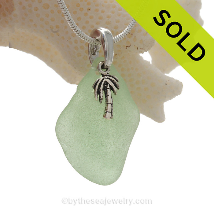 Seafoam Green Glass Necklace with Sterling Silver Palm Tree Charm and 18" STERLING CHAIN INCLUDED