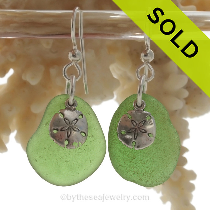 Larger Perfect Green Sea Glass Earrings On Sterling W/ Solid Sterling Sandollar Charms 
