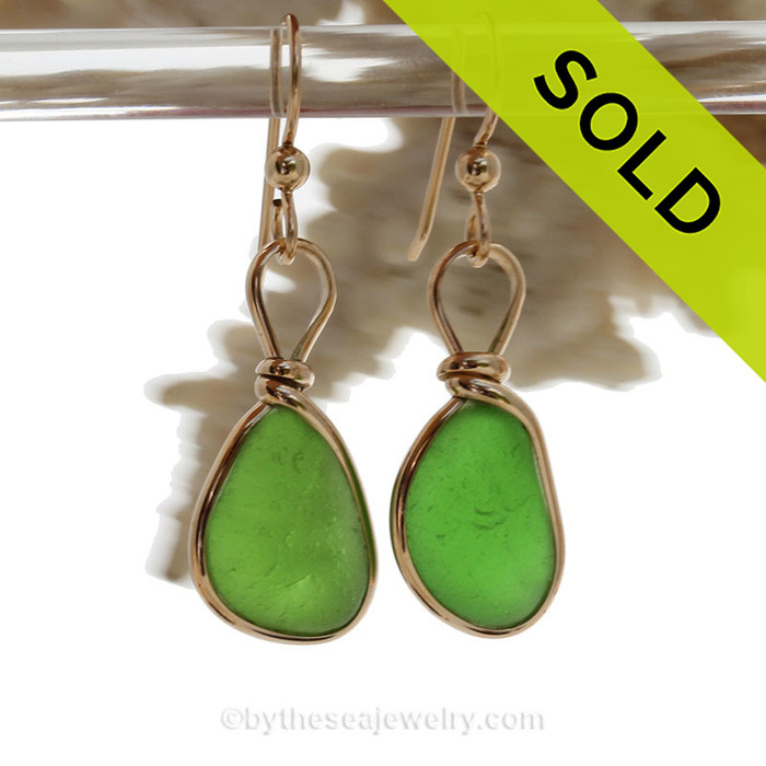 VIVID Lime Green Genuine Sea Glass Earrings In 14K Goldfilled Original Bezel Wire©