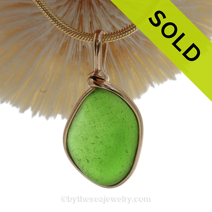  Vivid Genuine Lime Green Sea Glass in our Original Gold Wire Bezel © (