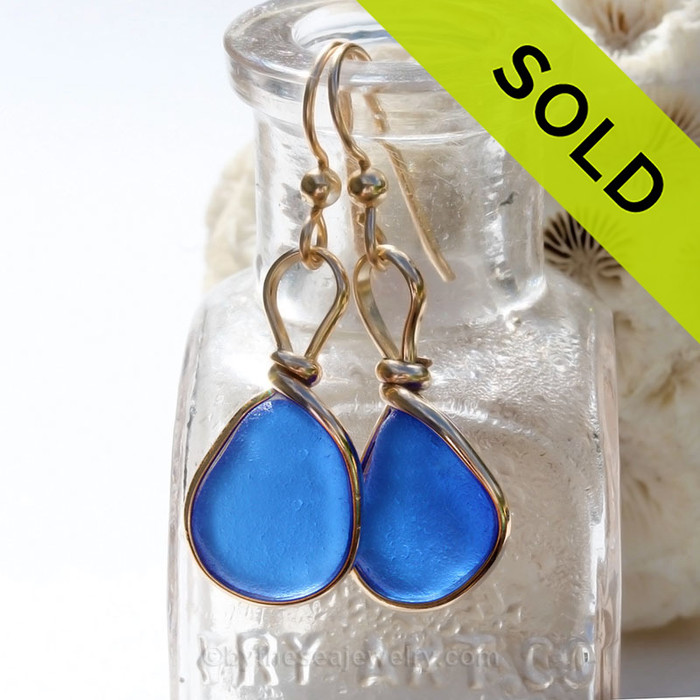 Small but Mighty P-E-R-F-E-C-T Cobalt Blue Genuine Sea Glass Earings 14K Goldfilled Original Wire Bezel©