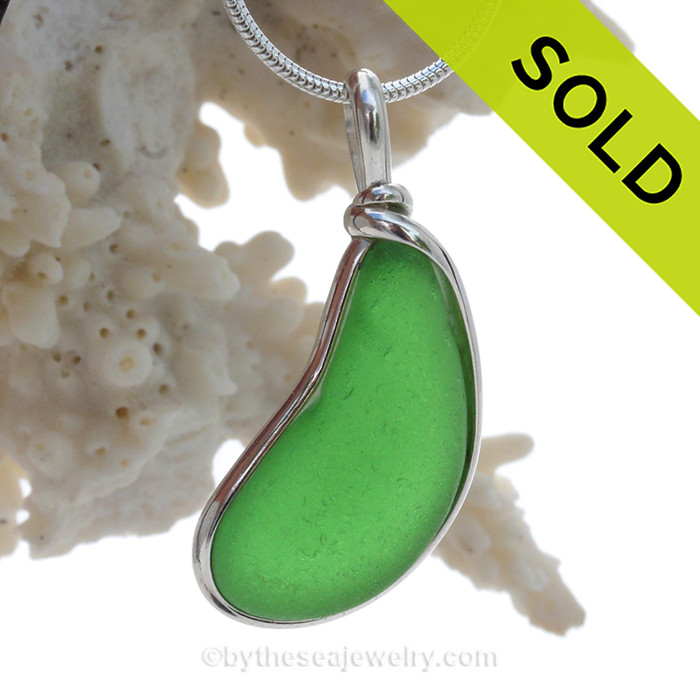 Green Jellybean - Genuine Green Sea Glass In Original Silver Wire Bezel© Wire Pendant