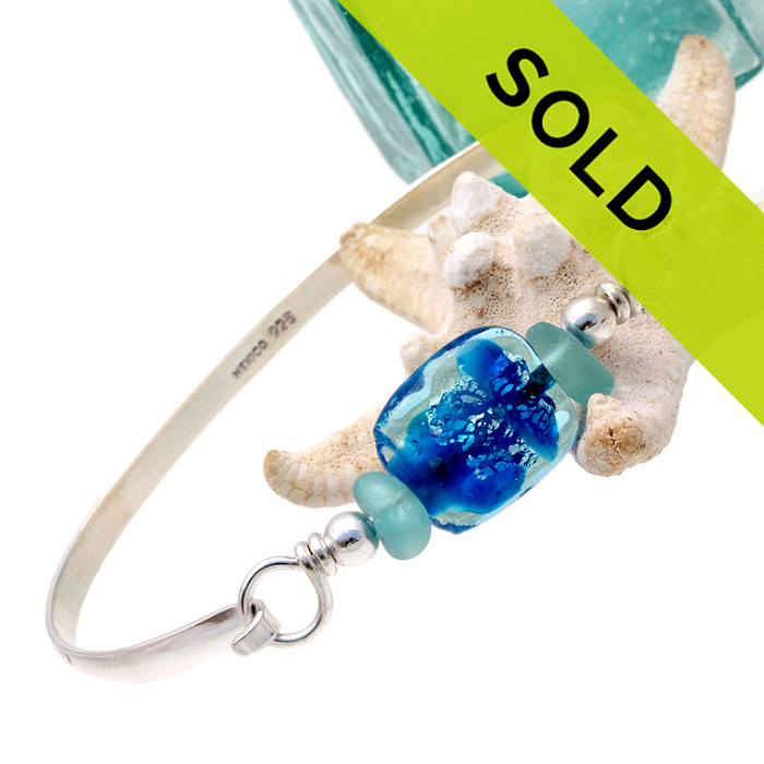 Aqua Sea Glass Bangle Bracelet With Vintage Handmade Bead