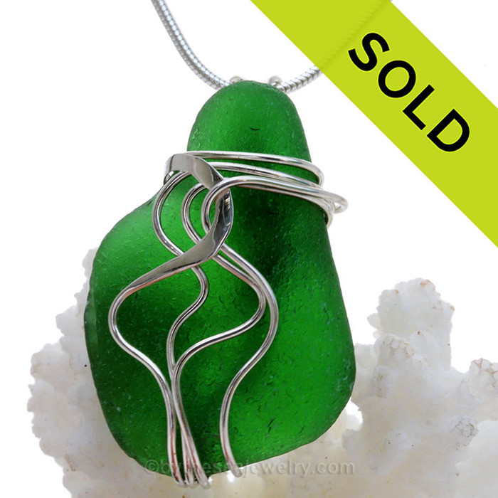 Vivid Saturated Green Genuine Sea Glass Sterling Waves© Signature Sterling Setting Pendant