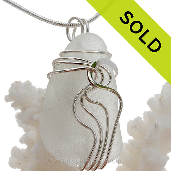 Large White Genuine Sea Glass Sterling Waves© Signature Sterling Setting Pendant 