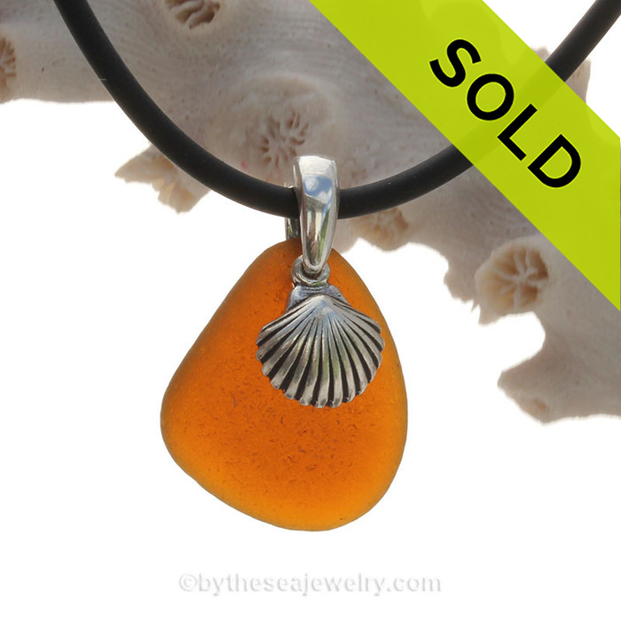 Simply Sea Glass - Amber Natural Sea Glass Necklace W/Shell Charm Silver Bail on Neoprene Cord