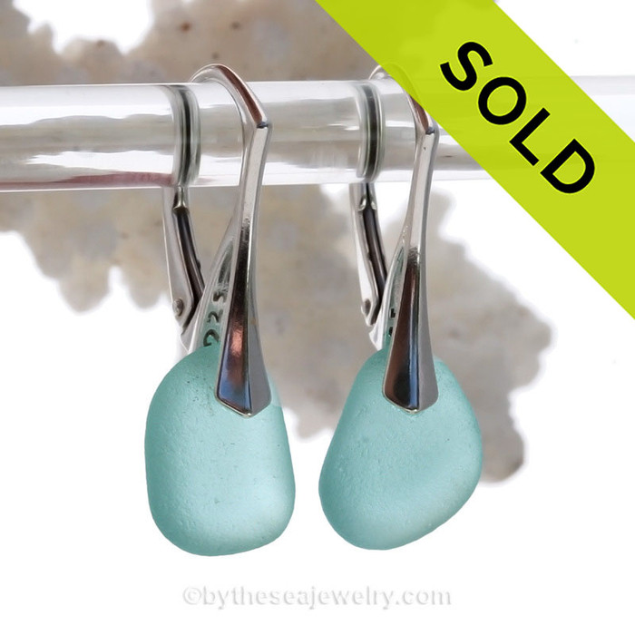 Genuine Beach Found Perfect Petite Thick  Aqua Sea Glass Earrings on Solid Sterling Silver Leverbacks