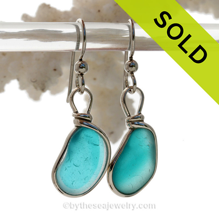 Aqua Dreamz - Super Rare Electric Aqua Sterling English Multi Sea Glass Earrings In Sterling Original Wire Bezel©