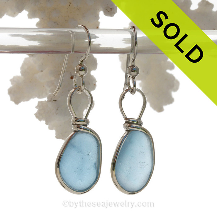 P-E-R-F-E-C-T Carolina Blue Sterling Seaham Sea Glass Earings Sterling Wire Bezel©