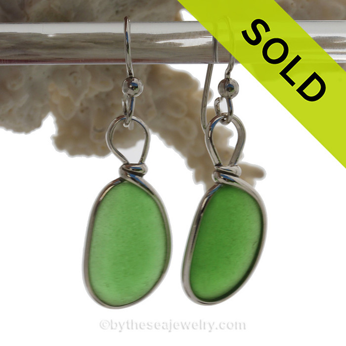 Perfect Ovals of Vivid Green Genuine Sea Glass Earrings In Sterling Silver Original Wire Bezel©