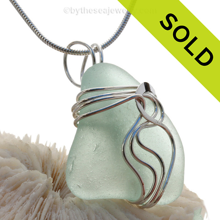 Pale Sea Green Genuine Sea Glass Sterling Waves© Signature Sterling Setting Pendant